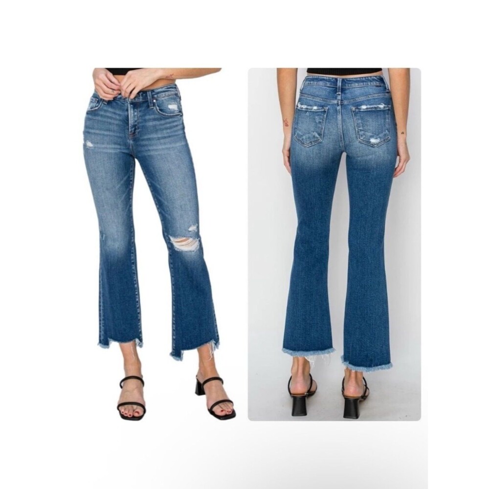 Risen Mid Rise Frayed Step Hem Ankle Straight Jeans